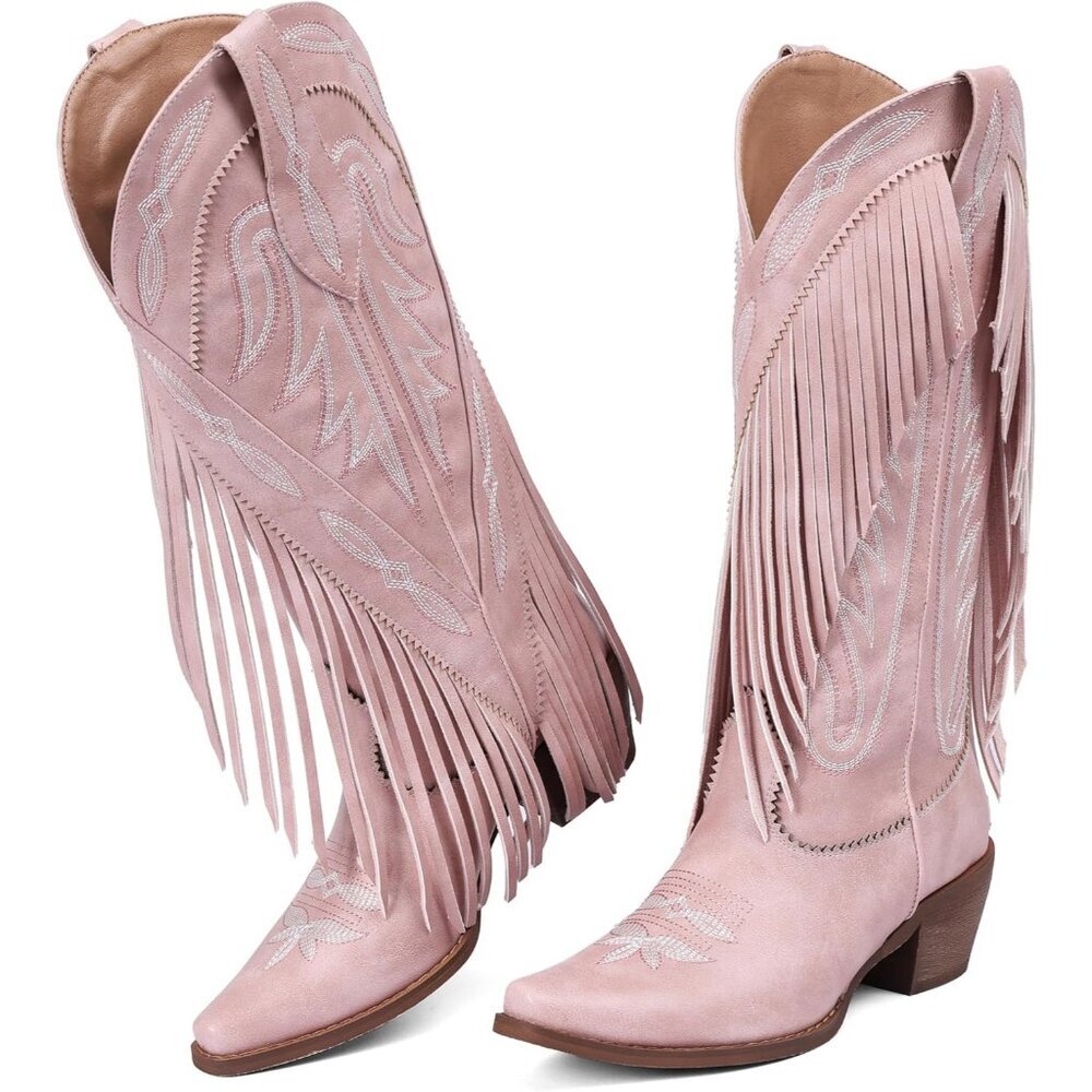 Women's Pink PU Pointed Toe Pull On Block Chunky Heel Embroidery Tassel Country